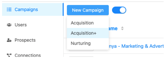 A screenshot of Growth-X's app features - Acquisition+ campaign