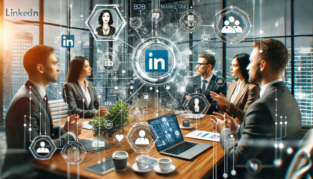 people sitting in a meeting with visual of being connected via linkedin logo