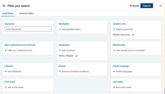 LikedIn Sales Navigator's filtering options for prospecting.