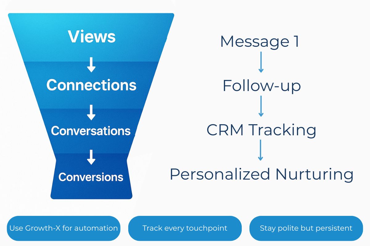 Infographic of a LinkedIn outreach funnel with four blue funnel stages: Views, Connections, Conversations, and Conversions. Alongside is a vertical sequence showing follow-up steps: Message 1, Follow-up, CRM Tracking, and Personalized Nurturing. Bottom includes notes: Use Growth-X for automation, Track every touchpoint, Stay polite but persistent.