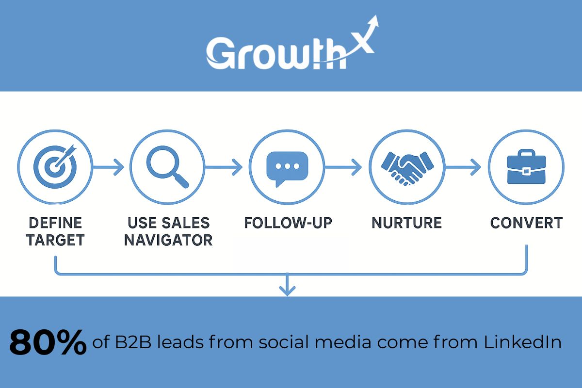 Flowchart illustrating the LinkedIn prospecting process with six stages: Define Target, Use Sales Navigator, Send Personalized Connection Request, Follow-up, Nurture, and Convert. Includes icons for each stage and a highlighted statistic: '80% of B2B leads from social media come from LinkedIn.