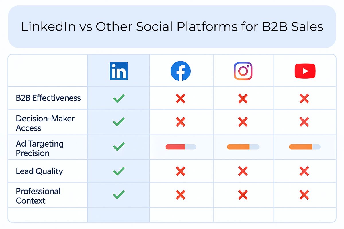 Comparison chart showing LinkedIn, Facebook, Instagram, and YouTube across five B2B sales criteria: B2B Effectiveness, Decision-Maker Access, Ad Targeting Precision, Lead Quality, and Professional Context. LinkedIn is marked with green checkmarks across all categories, while the other platforms show red crosses or partial bars, indicating lower effectiveness.