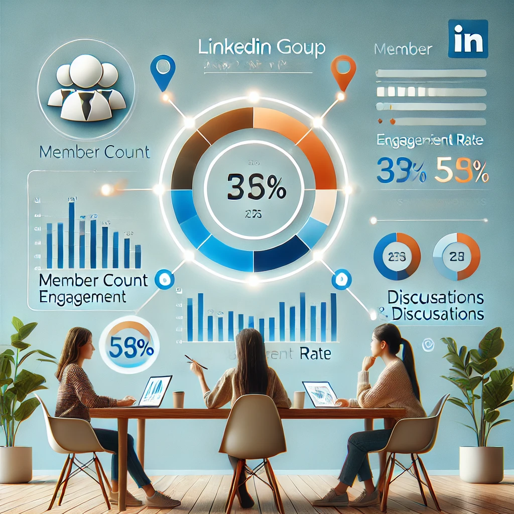 a modern vidual of a linkedin group dashboard with people in the meeting, representing using linkedin groups for b2b marketing