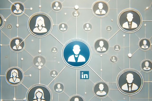 A minimalist image depicting LinkedIn connections represented by profile icons connected by clean, thin lines