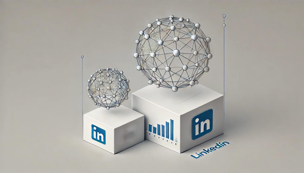 A visual of two networked graphs representing Alignable's small, community-focused network versus LinkedIn's large, global reach.