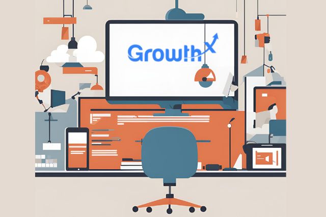 a minimalistic image with a working station and the word growth-x written on screen, representing Outsourced B2B Lead Generation