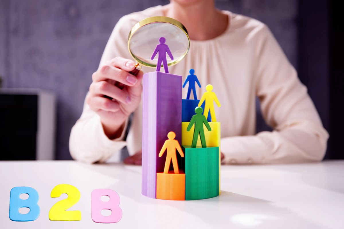 A person using a magnifying glass to examine segmented groups of business customers, represented by colorful figures on bar graphs, illustrating B2B market segmentation.