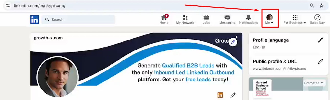 A screenshot showing how to access your LinkedIn profile settings, so you could add a featured link