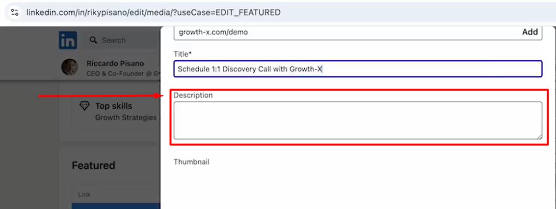 A screenshot showing how to add a description to a featured link on LinkedIn
