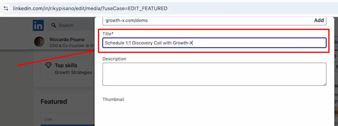 A screenshot showing how to add a title to a featured link on LinkedIn