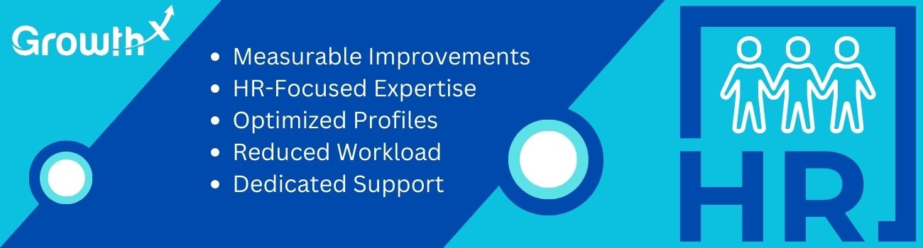 Growth-X HR banner with a blue and turquoise color scheme. The text highlights benefits such as measurable improvements, HR-focused expertise, optimized profiles, reduced workload, and dedicated support. The right side features an HR icon with three connected human figures.