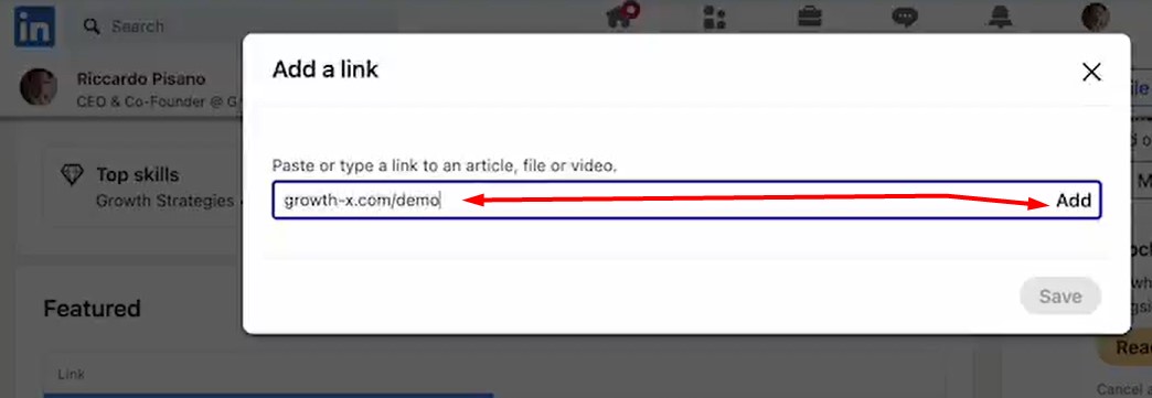 A screenshot showing where to paste a link you want to add to the featured links section