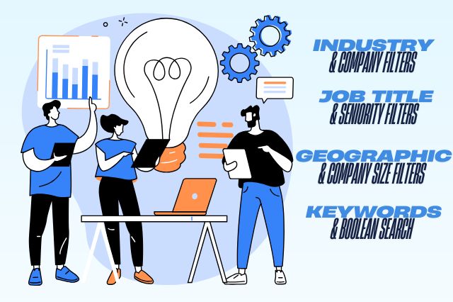 a list of linkedin sales navigator filters with an image of three people working on linkedin prospecting