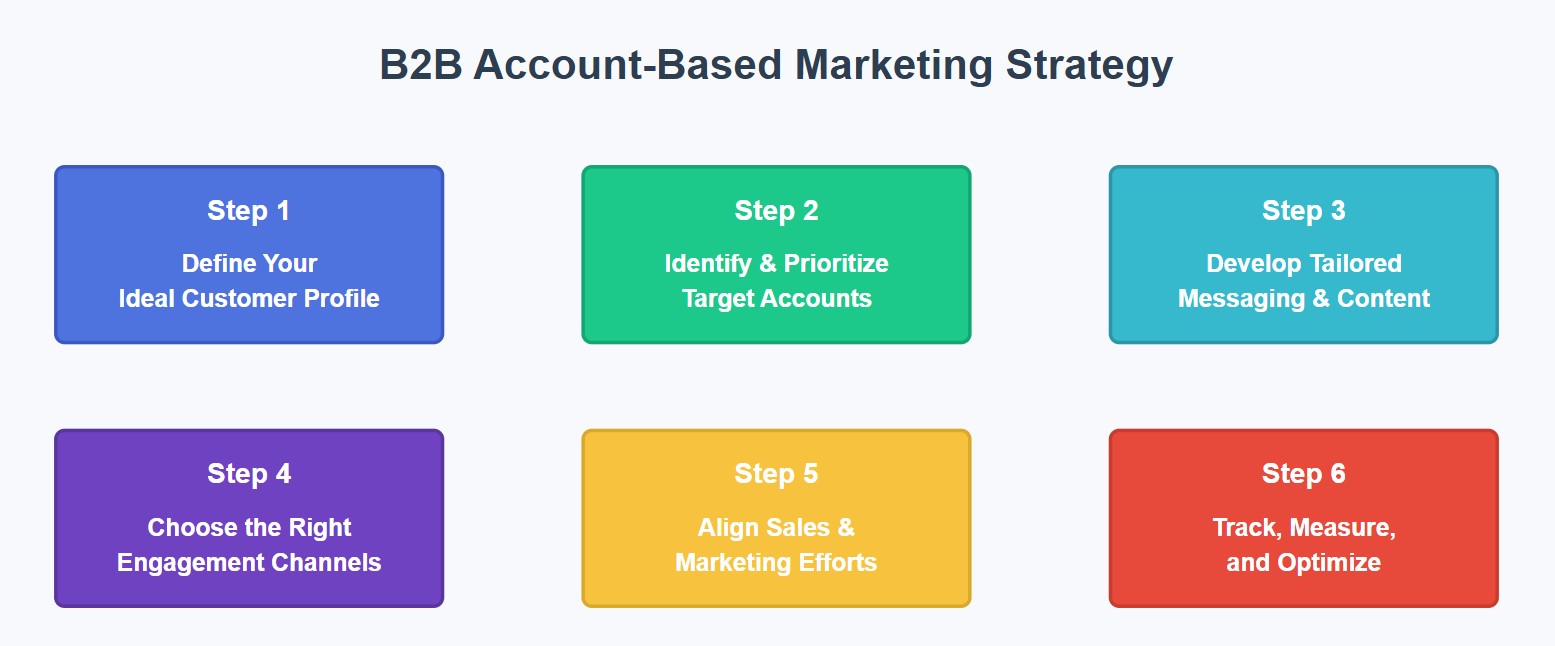 Six colored rectangular boxes showing B2B Account-Based Marketing Strategy steps: Define Customer Profile, Identify Target Accounts, Develop Content, Choose Channels, Align Sales/Marketing, and Track/Optimize arranged in two rows