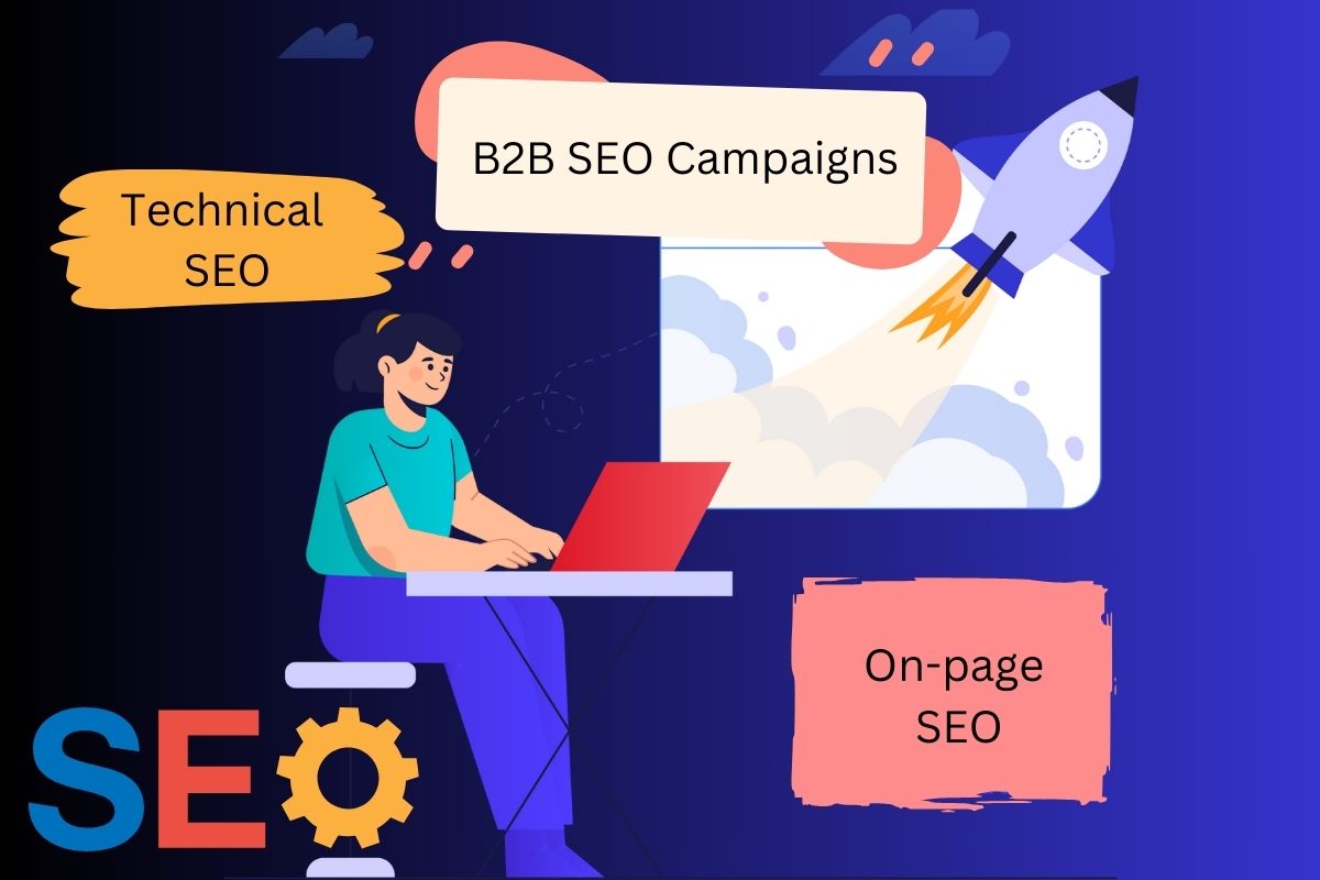 Illustration of a person working on a laptop with text labels 'Technical SEO,' 'On-page SEO,' and 'B2B SEO Campaigns,' accompanied by a rocket launching from a screen, symbolizing the growth and impact of SEO strategies.