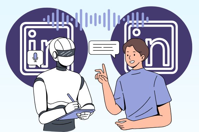 a visual of a man talking to a AI chatbot, representing ai for linkedin profile