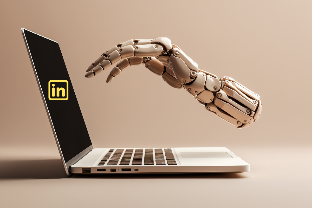 A robotic hand emerging from a laptop screen with the LinkedIn logo, symbolizing AI integration in professional networking and automation