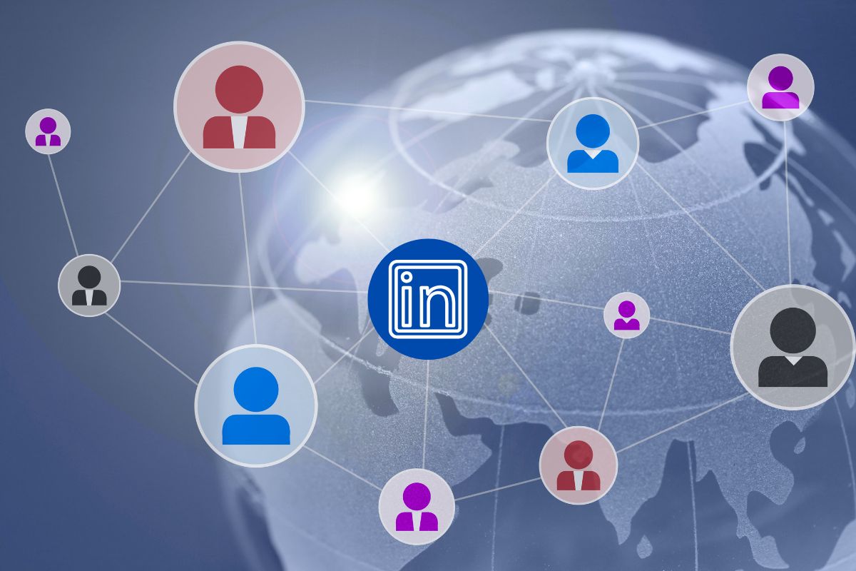 Illustration of a global LinkedIn network connecting professionals, represented by user icons linked across a digital world map.