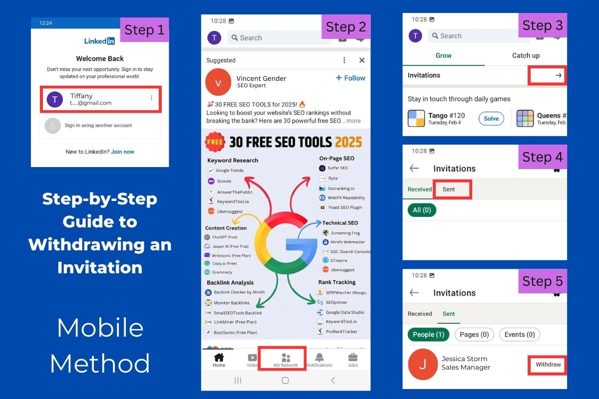 Step-by-step visual guide showing how to withdraw a LinkedIn invitation on a mobile device, highlighting key navigation steps from signing in to selecting 'Withdraw'.