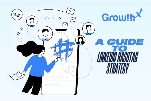 featured image for linkedin hashtags guide with a woman working on networking using a hashtag