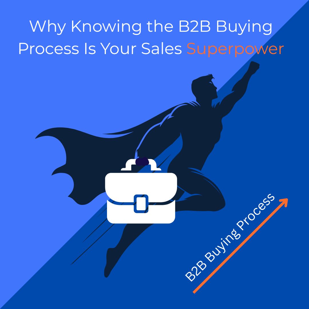 Illustration of a superhero holding a briefcase, flying upward along an arrow labeled 'B2B Buying Process', with the title 'Why Knowing the B2B Buying Process Is Your Sales Superpower' above.