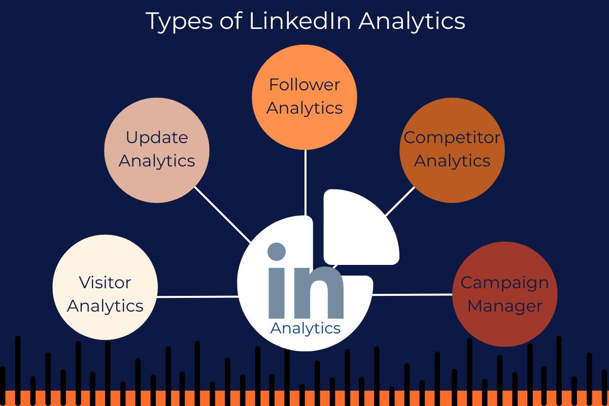 Infographic showing types of LinkedIn Analytics: Visitor Analytics, Update Analytics, Follower Analytics, Competitor Analytics, and Campaign Manager, connected around a central LinkedIn icon.