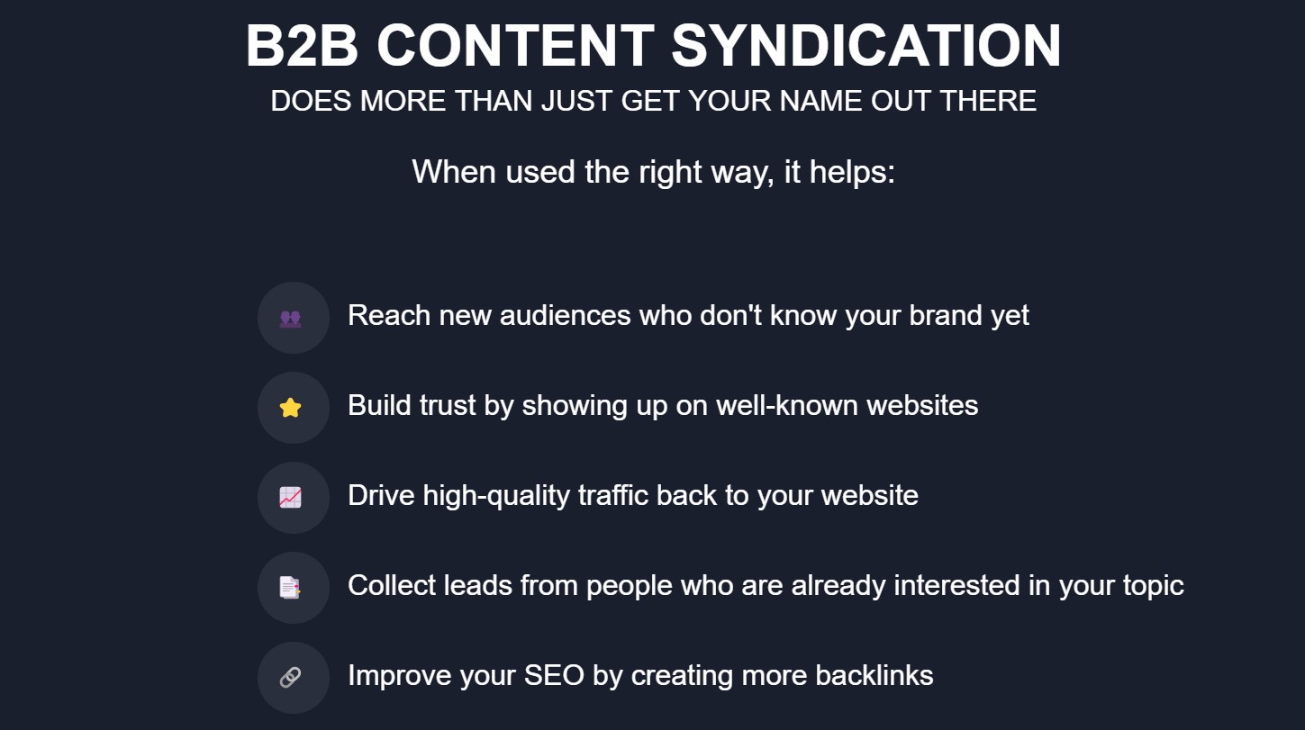 Infographic highlighting benefits of B2B content syndication on a dark blue background, listing points like reaching new audiences, building trust, driving traffic, collecting leads, and improving SEO