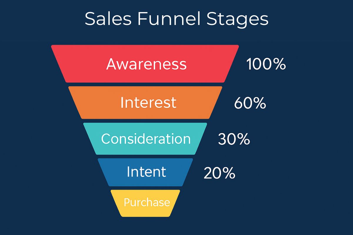 Sales funnel infographic titled 'Sales Funnel Stages' displaying five stages—Awareness, Interest, Consideration, Intent, and Purchase—with percentage drop-offs from 100% to 20% shown beside each stage.