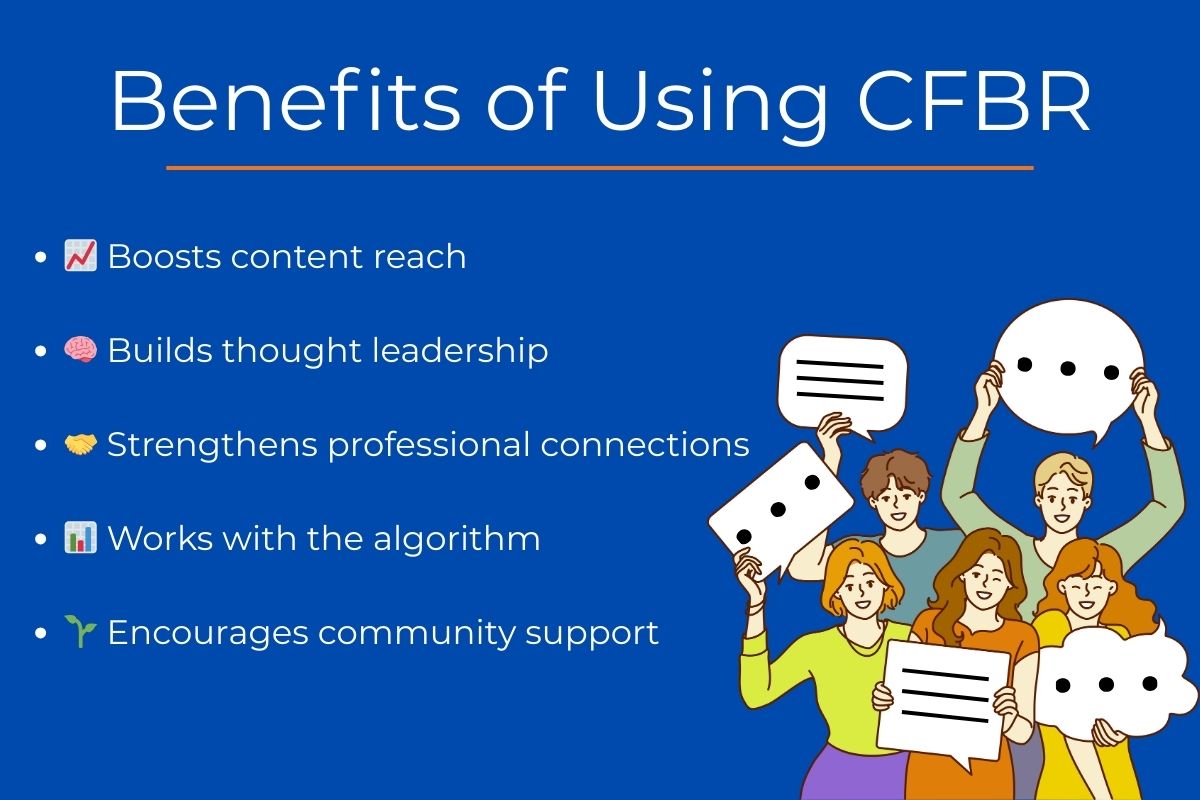 Infographic titled 'Benefits of Using CFBR' with five bullet points: Boosts content reach, Builds thought leadership, Strengthens professional connections, Works with the algorithm, and Encourages community support. The image also features cartoon-style people holding speech bubbles and comment icons, symbolizing active engagement.
