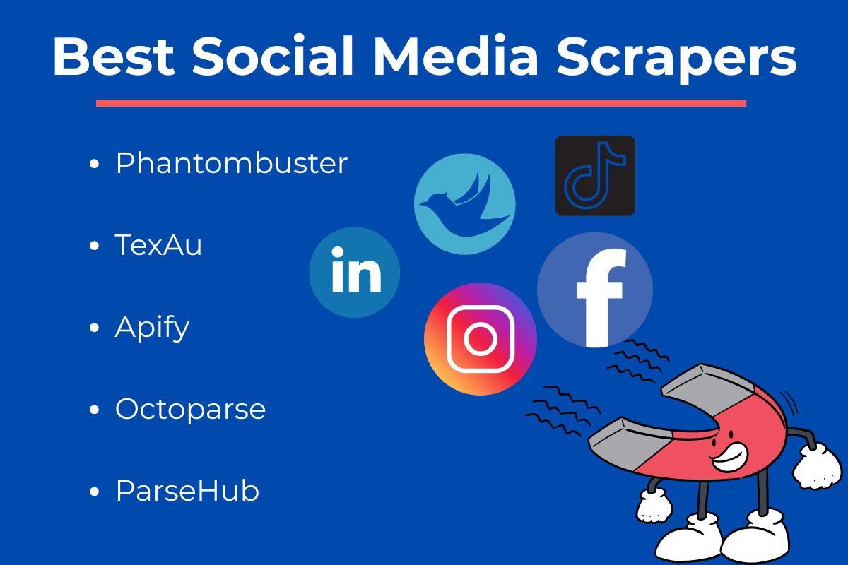 List of best social media scrapers: Phantombuster, TexAu, Apify, Octoparse, ParseHub. Includes logos of LinkedIn, Instagram, Facebook, TikTok, and a cartoon magnet character