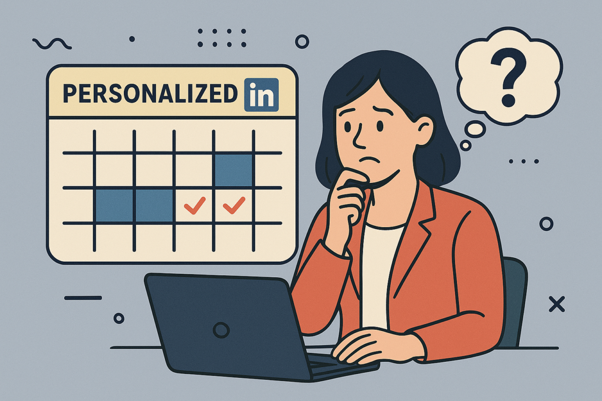 A worried businesswoman trying to create a perfect personalized calendar for scheduled posts LinkedIn