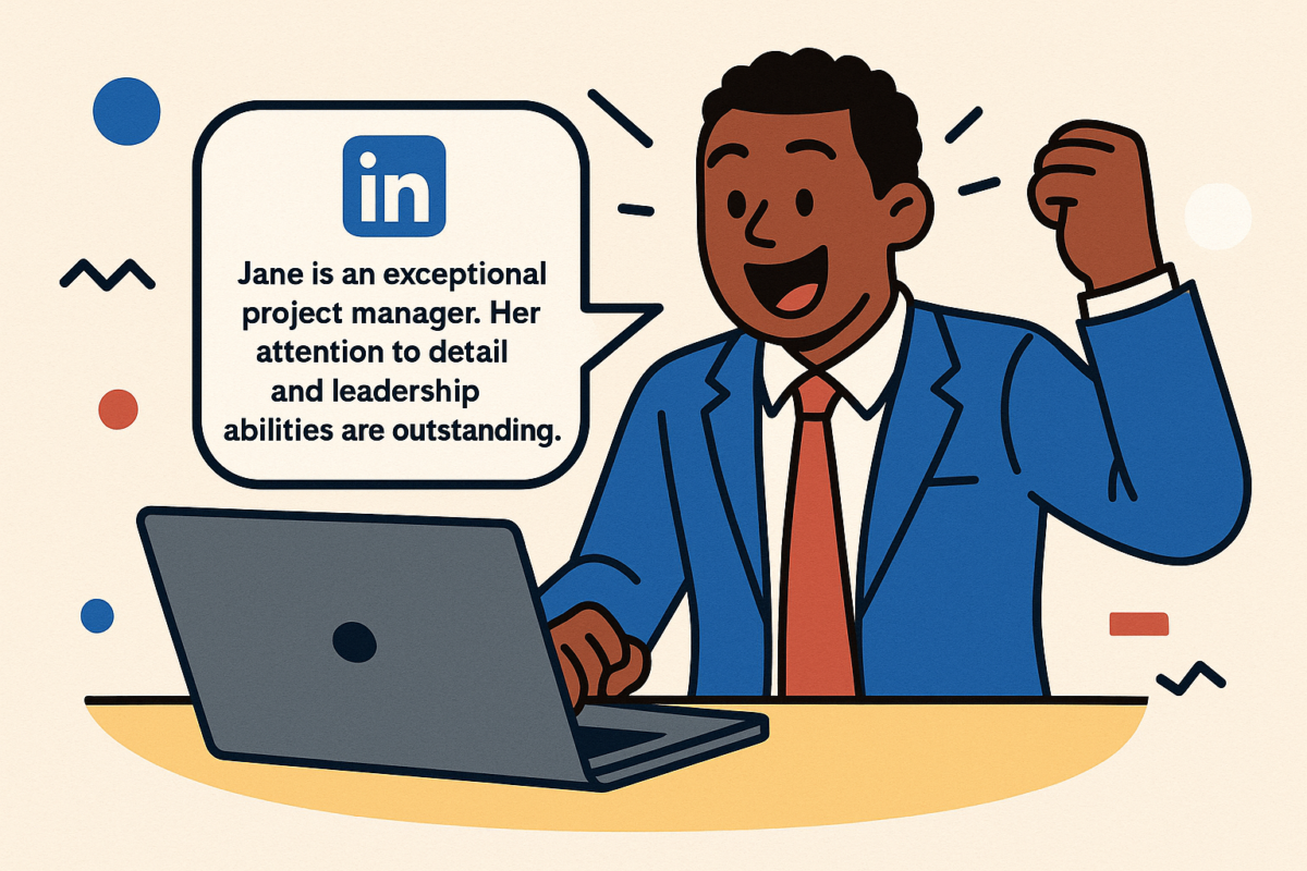 a corporate professional getting excited while writing an impactful LinkedIn recommendation