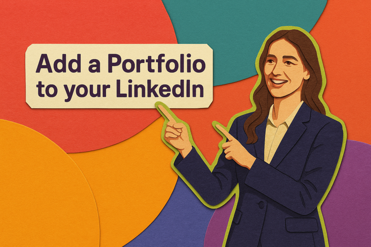 grafic of women pointing on inscription "Add a Portfolio to youur LinkedIn