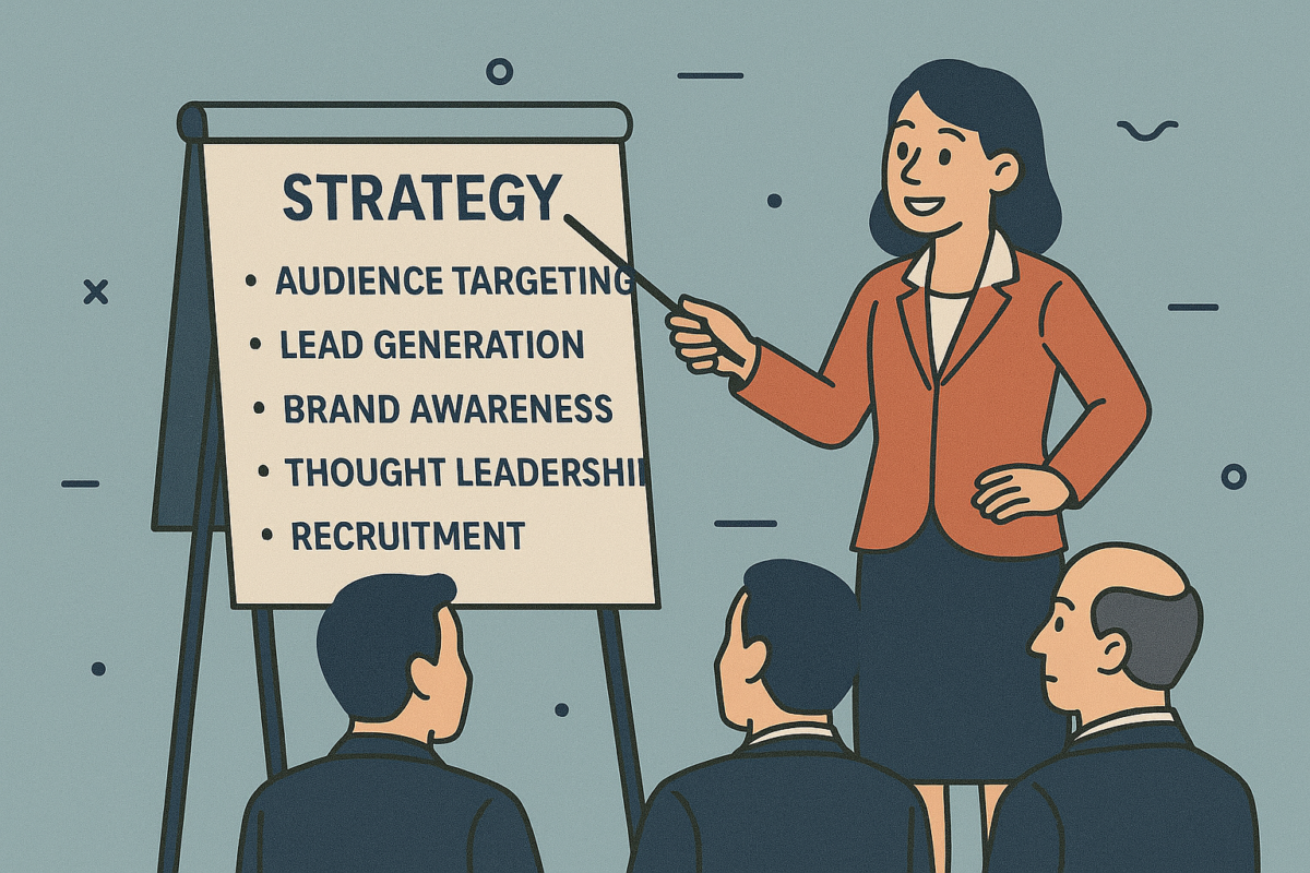 Corporate woman doing a marketing strategy presentation regarding post promotion on LinkedIn