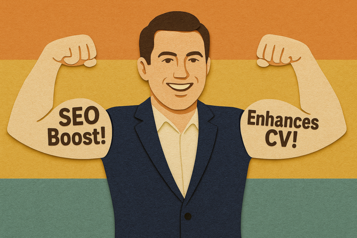 Corporate man Flexing his muscles emphasizing SEO boost and LinkedIn portfolio enhancement