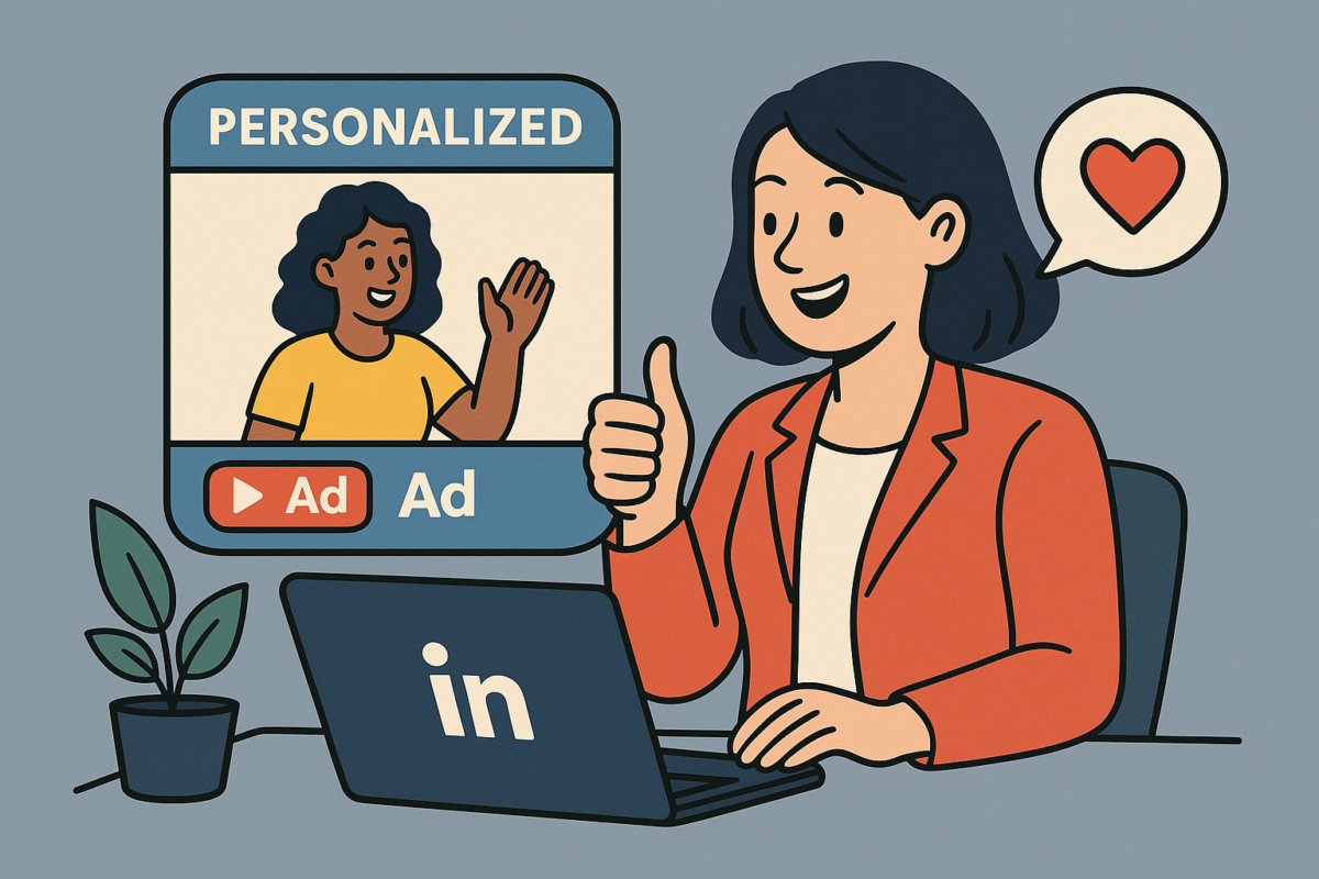 LinkedIn retargeting tactic is working and converting a female user who is watching a personalized targeted ad on LinkedIn