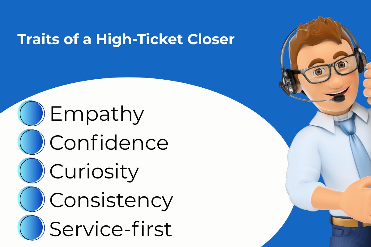 Illustrated checklist titled "Traits of a High-Ticket Closer" showing five qualities: Empathy, Confidence, Curiosity, Consistency, and Service-first mindset, with a cartoon man in a headset and tie giving a thumbs up.