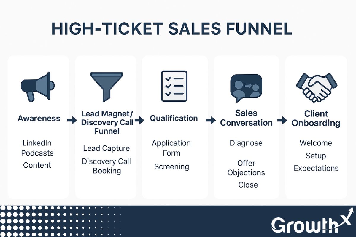 Infographic flowchart titled "High-Ticket Sales Funnel" showing six stages: Awareness, Lead Magnet/Discovery Call Funnel, Qualification, Sales Conversation, Follow-Up System, and Client Onboarding, each with icons and brief descriptions.