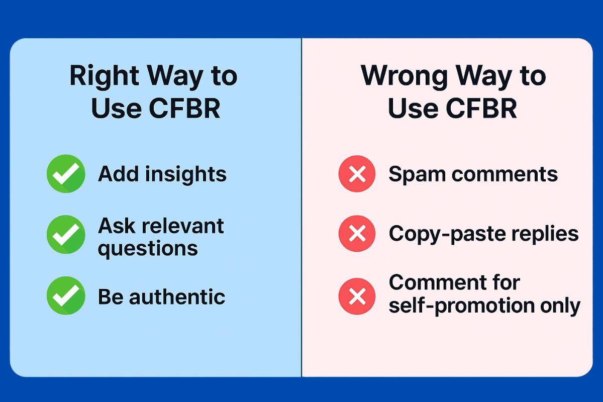 Side-by-side infographic showing the right and wrong ways to use CFBR on LinkedIn. The left panel, in light blue, lists 'Add insights,' 'Ask relevant questions,' and 'Be authentic' with green checkmarks. The right panel, in light pink, lists 'Spam comments,' 'Copy-paste replies,' and 'Comment for self-promotion only' with red X marks.