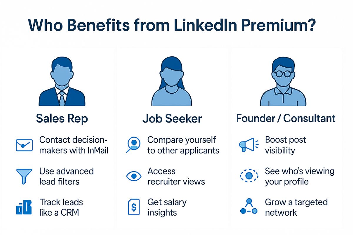 Infographic titled “Who Benefits from LinkedIn Premium?” showing three user types—Sales Rep, Job Seeker, and Founder/Consultant—with icons and key benefits such as InMail access, advanced filters, recruiter views, and post visibility.
