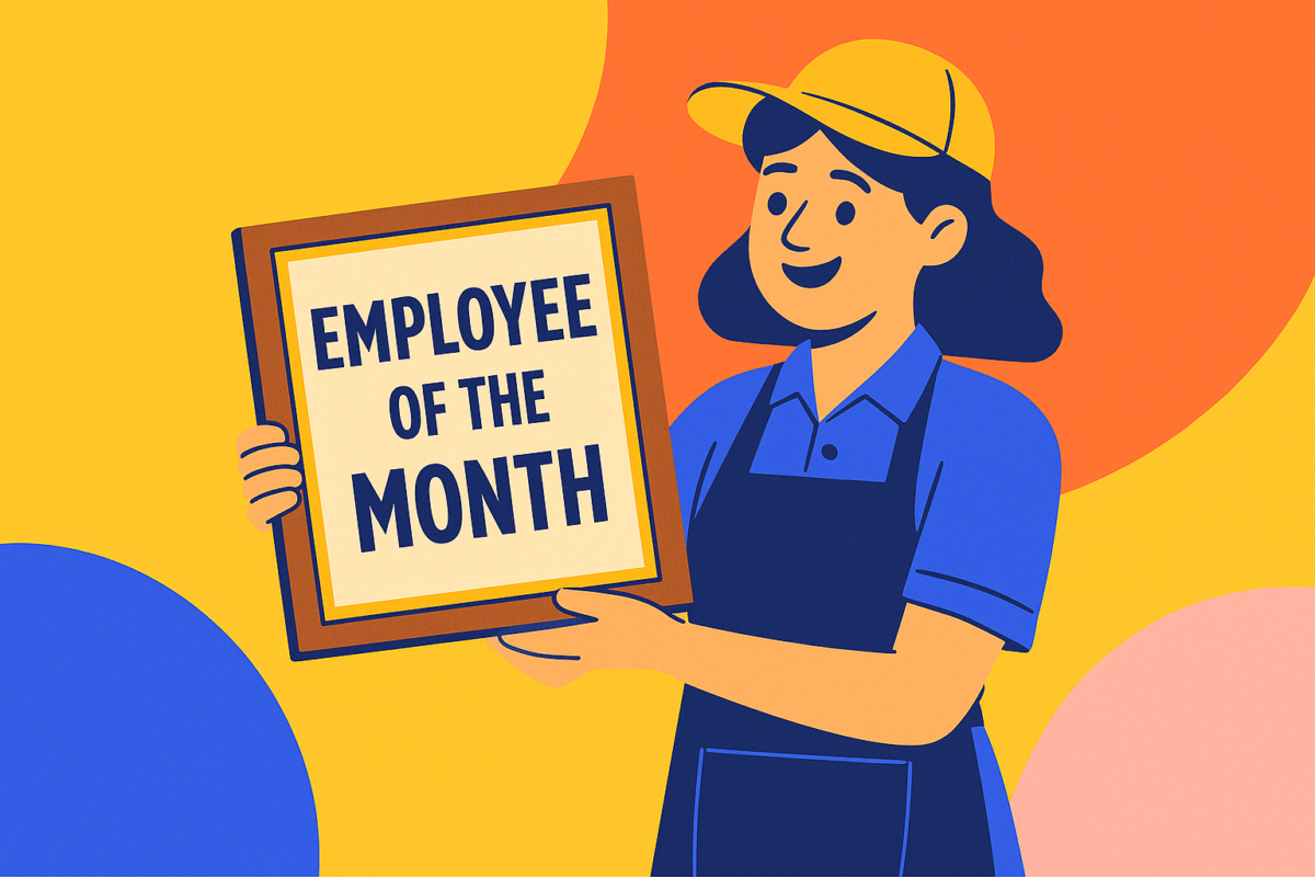a female employee showing her award for the employee of the month