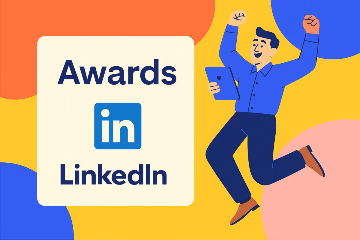 corporate man leaping with joy over his awards on LinkedIn