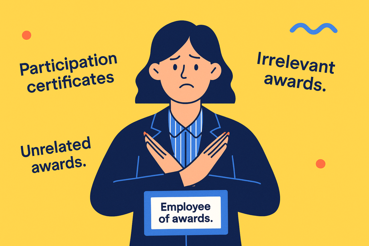 corporate female pointing what not to include in LinkedIn awards