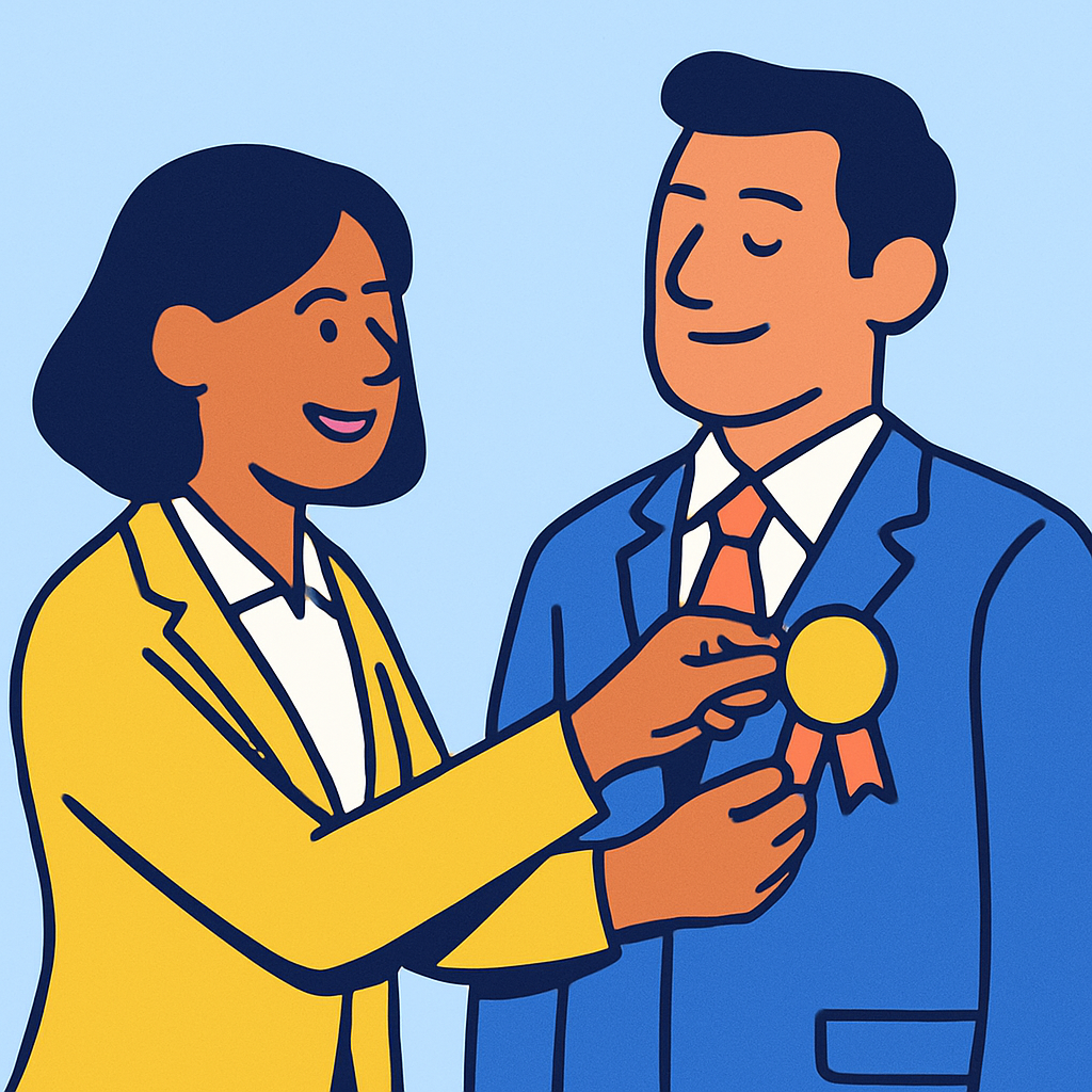 A woman gives awards to a man.